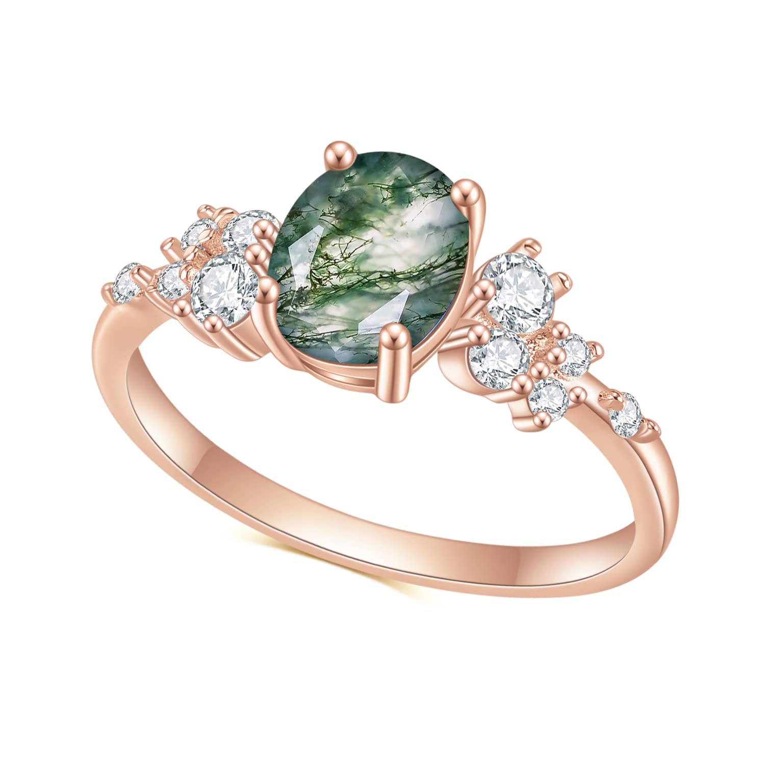 Gem's Beauty Birthday Gifts for Her 1.18CT Oval Cut Moss Agate There Stone Engagement Ring in 925 Sterling Silver Women's Gold Ring(Size10)