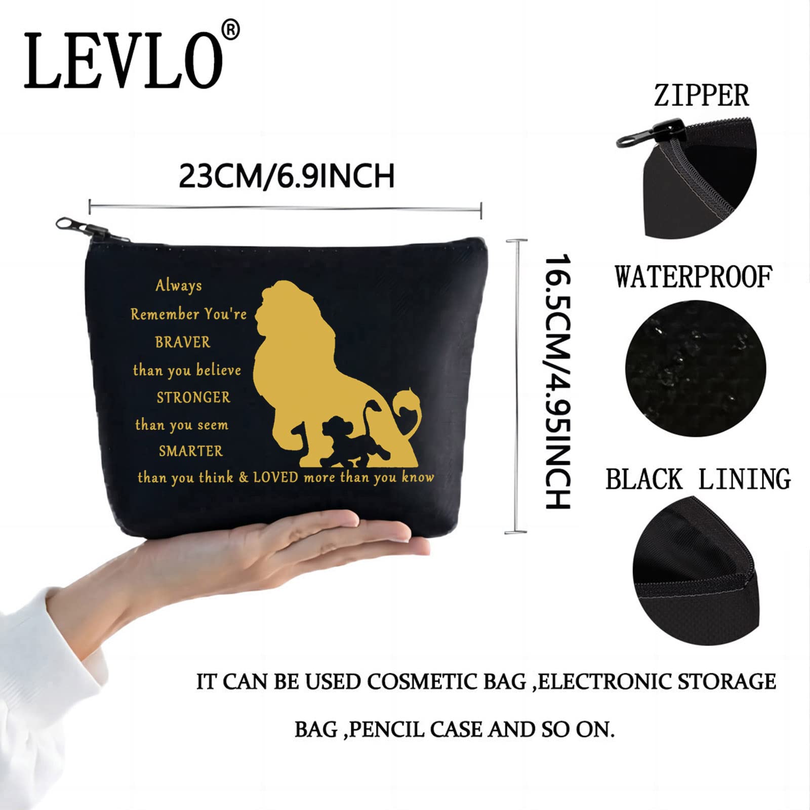 LEVLO Lion Movie Cosmetic Make Up Bag Lion Fans Gift You Are Braver Stronger Smarter Than You Think Lion Zipper Pouch Bag (Always Lion Black)