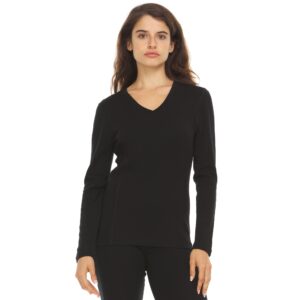 Women's Long Sleeve V-Neck - 100% Merino Wool Base Layer - Casual Shirt - Under Layer - Midlayer - Black - Medium