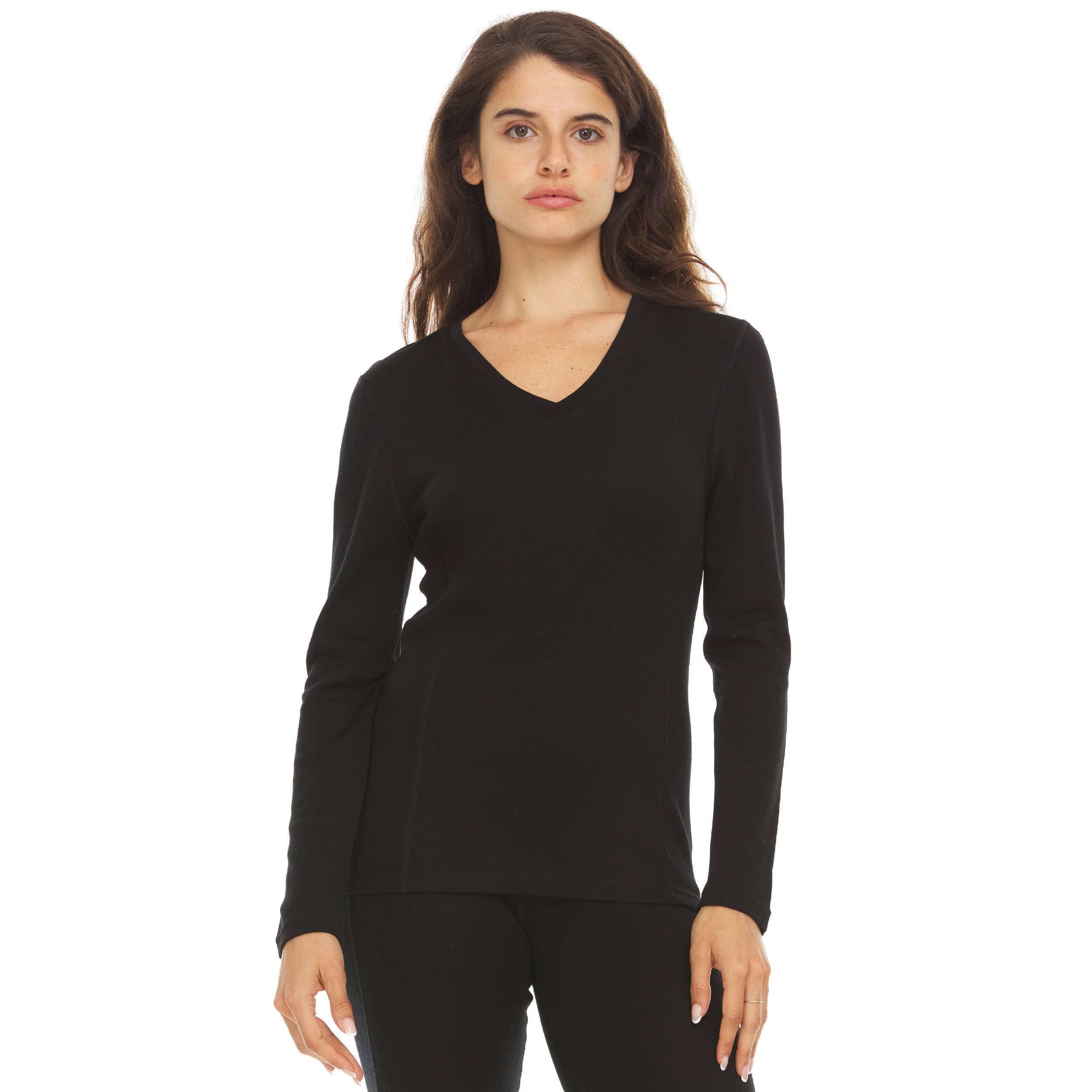 Women's Long Sleeve V-Neck - 100% Merino Wool Base Layer - Casual Shirt - Under Layer - Midlayer - Black - X-Large