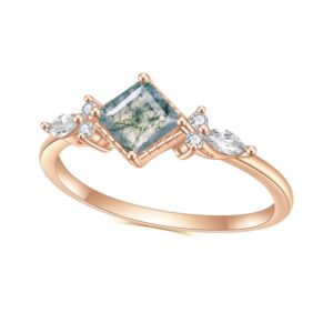 gem's beauty birthday gifts for her 0.63ct square shape natural moss agate there stone engagement ring in 925 sterling silver women's gold ring(size7)