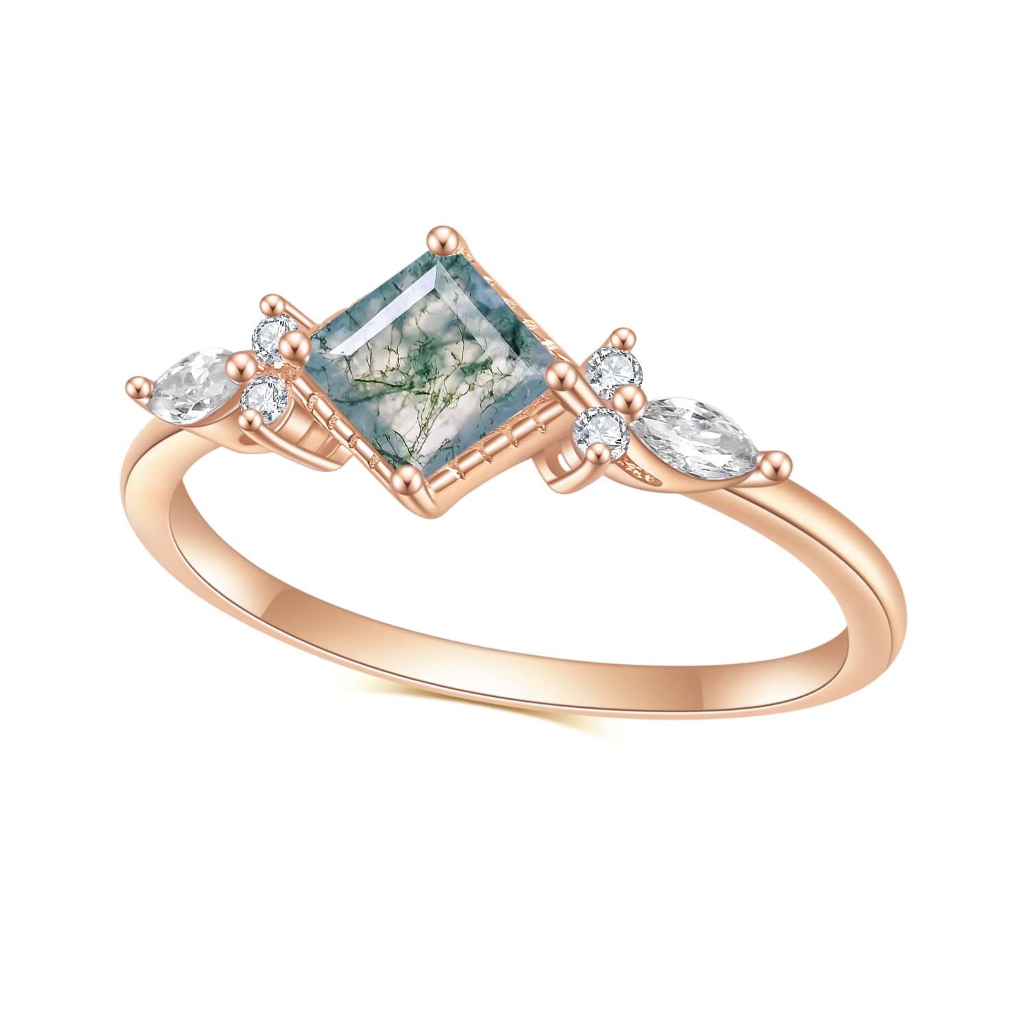 Gem's Beauty Birthday Gifts for Her 0.63CT Square Shape Natural Moss Agate There Stone Engagement Ring in 925 Sterling Silver Women's Gold Ring(Size7)