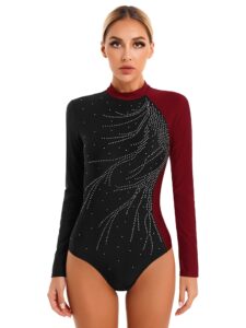 tiaobug women's shiny rhinestone figure skating leotard long sleeves ballet dance gymnastics leotard performance dancewear burgundy x-large