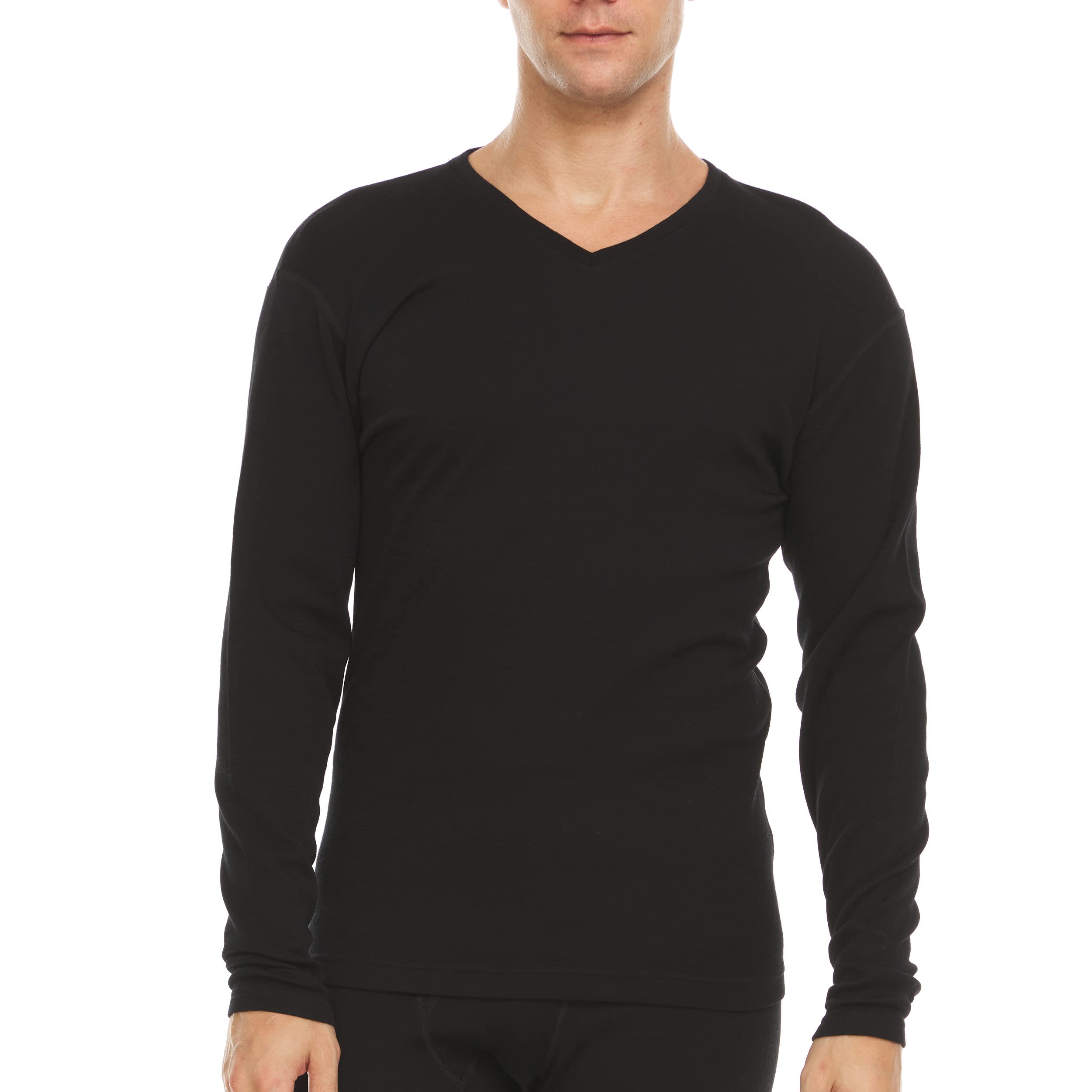 Men's Long Sleeve V-Neck - 100% Merino Wool Base Layer - Casual Shirt - Under Layer - Midlayer - Black - Medium