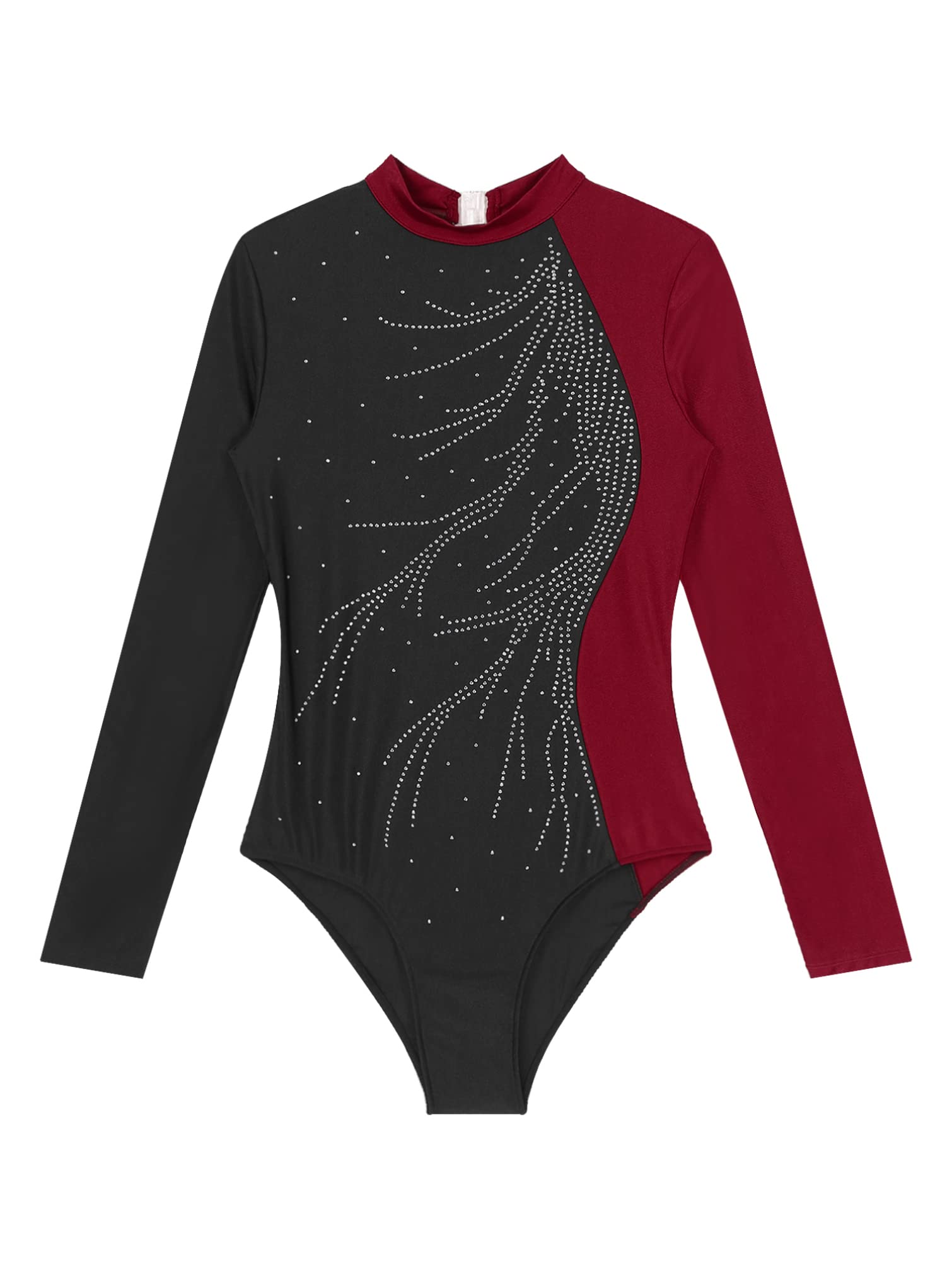 TiaoBug Women's Shiny Rhinestone Figure Skating Leotard Long Sleeves Ballet Dance Gymnastics Leotard Performance Dancewear Burgundy X-Large