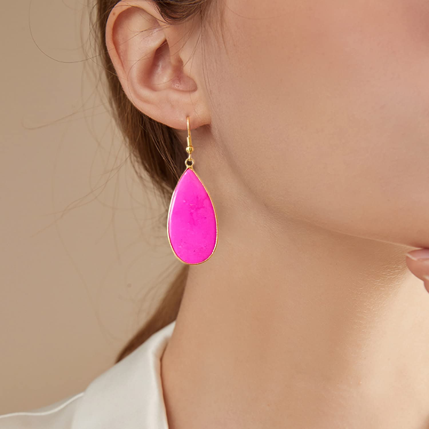 BaubleStar Natural Crystal Healing Birth Stone Statement Drop Earrings Hot Pink Teardrop Quartz Dangle Gold Fashion Jewelry for Women