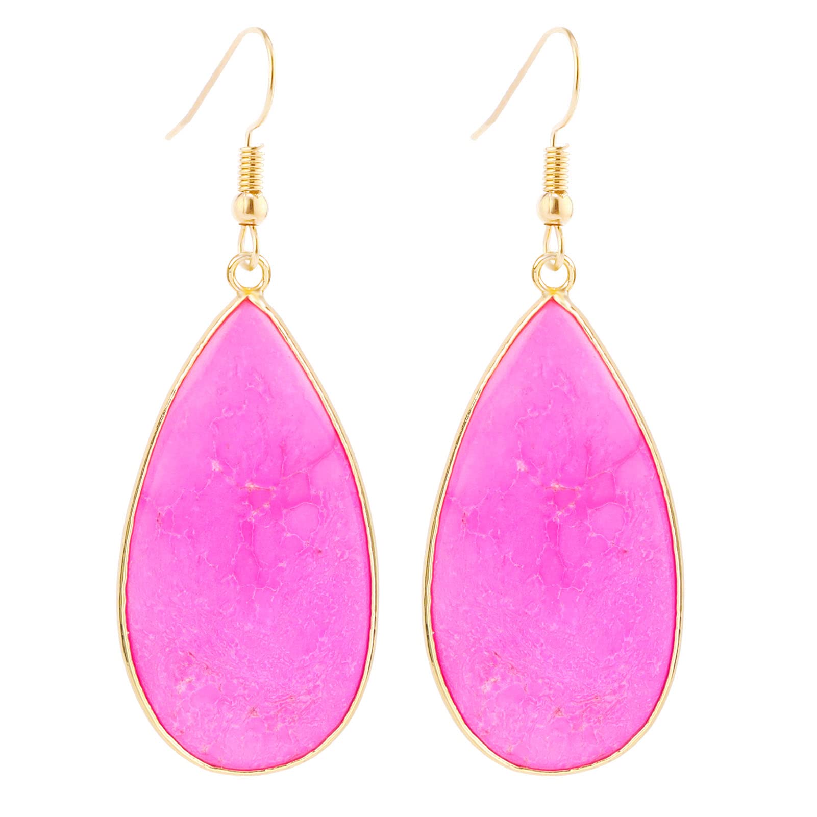 BaubleStar Natural Crystal Healing Birth Stone Statement Drop Earrings Hot Pink Teardrop Quartz Dangle Gold Fashion Jewelry for Women