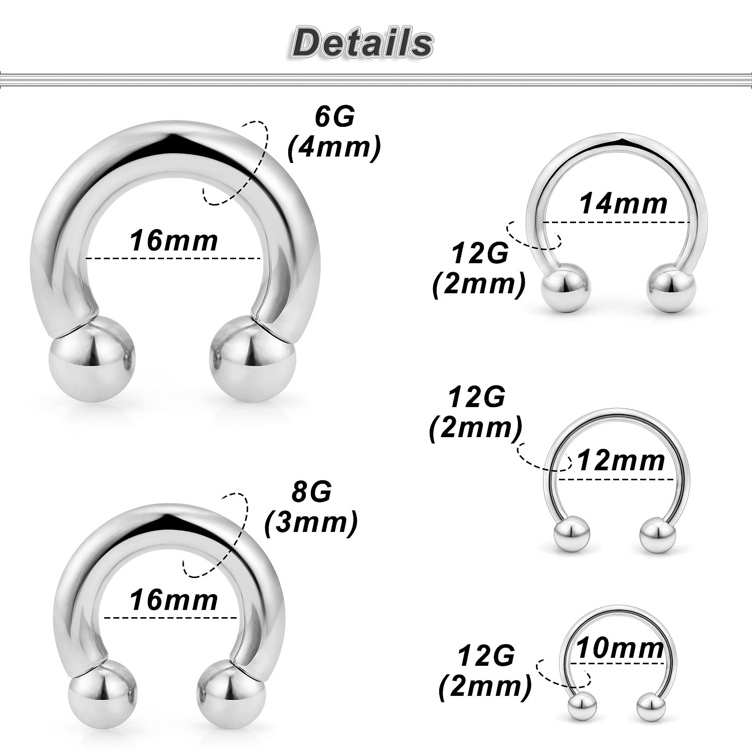 Ocptiy 6G 8G 12G 14G 16G Ear Earrings Gauges Septum Nose Plugs Tunnels Stretching Kit Surgical Stainless Steel Large Big Wide Septum Eyebrow Lip Belly Ring Cartilage Helix Tragus Earring Piercing Kit