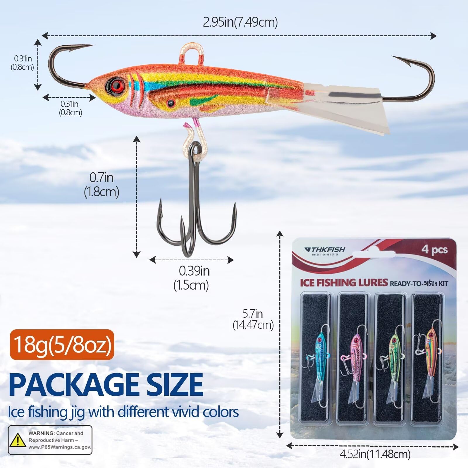 THKFISH Ice Fishing Jigs Ice Fishing Lures Ice Fishing Gear for Crappie, Panfish, Walleye, Bluegill Vertical Jigs Kit Ice Fishing Tackle 4pcs-18g