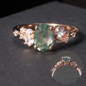 Gem's Beauty Birthday Gifts for Her 1.18CT Oval Cut Moss Agate There Stone Engagement Ring in 925 Sterling Silver Women's Gold Ring(Size10)