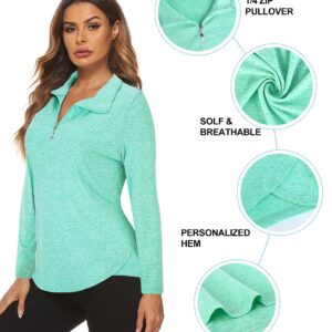 Koscacy V Neck Top Women, Golf Tennis Shirt Breathable Zipper Running Workout Outdoor Tops Yoga Biking Daily Casual Wear Aline Soft Shirts Green XX-Large