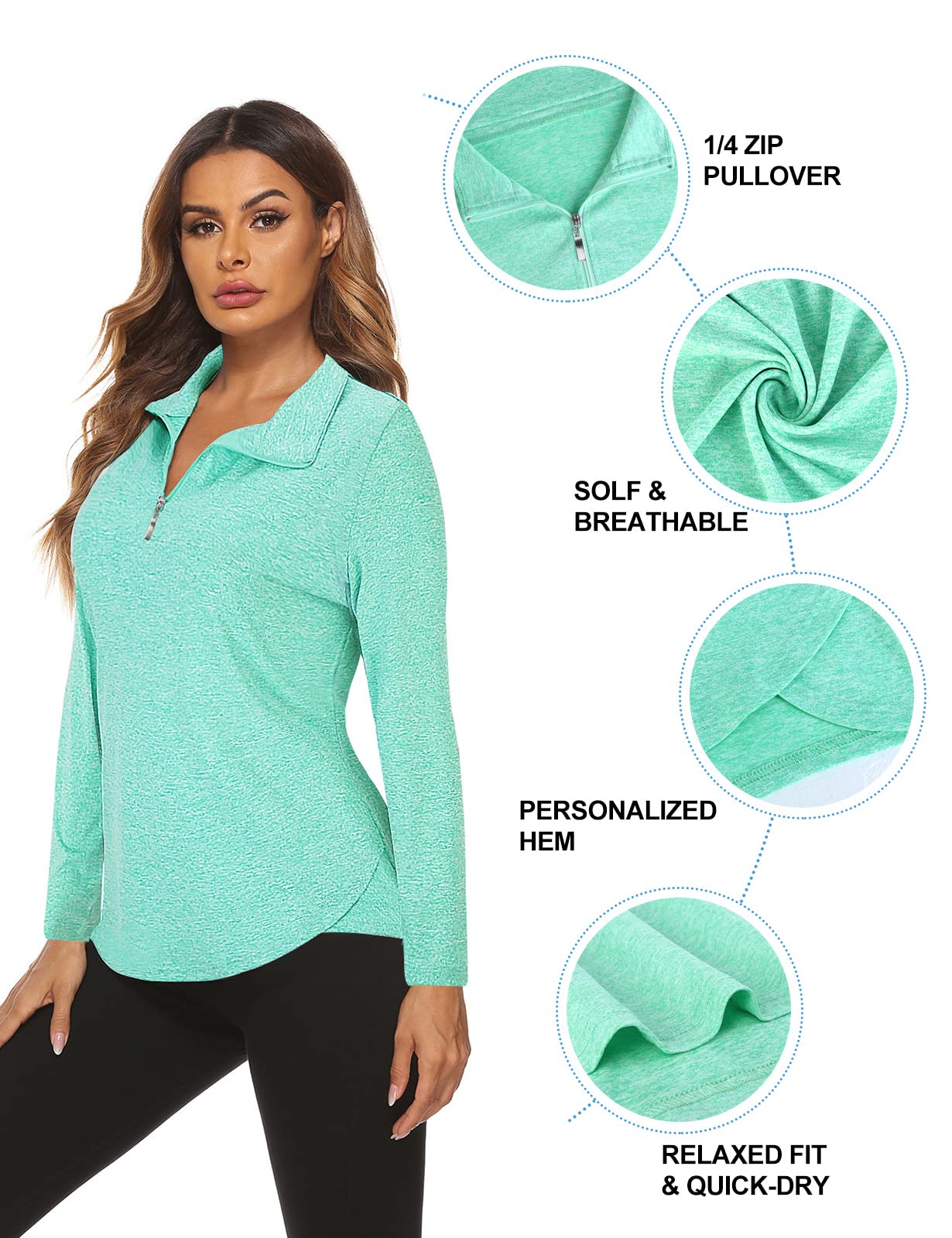 Koscacy V Neck Top Women, Golf Tennis Shirt Breathable Zipper Running Workout Outdoor Tops Yoga Biking Daily Casual Wear Aline Soft Shirts Green XX-Large