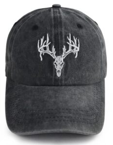 deer hunting accessories hats for men women, funny embroidered halloween deer skull head antler baseball cap, adjustable washed elk reindeer decor hat, gifts for friends wild animal lover hunter