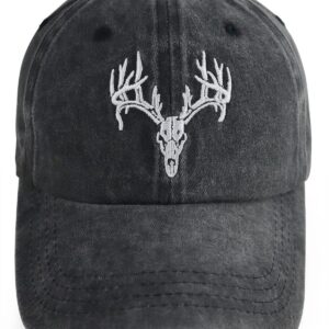 Deer Hunting Accessories Hats for Men Women, Funny Embroidered Halloween Deer Skull Head Antler Baseball Cap, Adjustable Washed Elk Reindeer Decor Hat, Gifts for Friends Wild Animal Lover Hunter