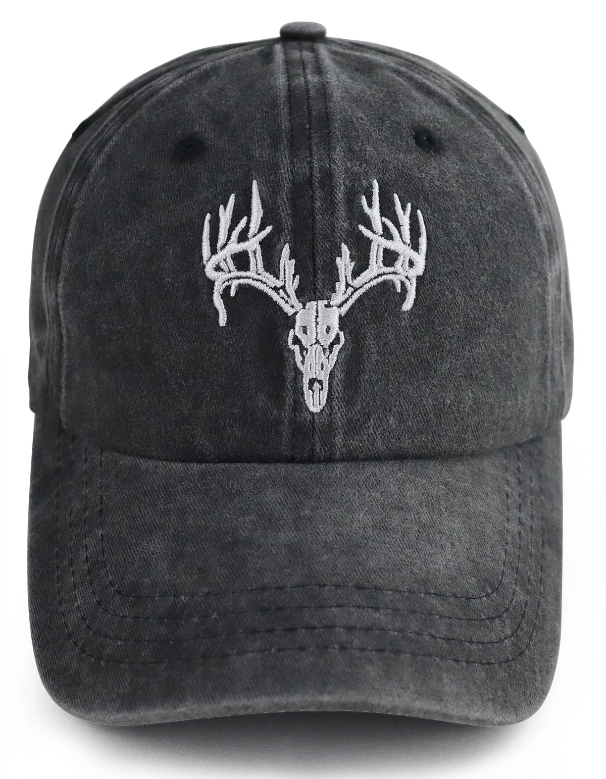 Deer Hunting Accessories Hats for Men Women, Funny Embroidered Halloween Deer Skull Head Antler Baseball Cap, Adjustable Washed Elk Reindeer Decor Hat, Gifts for Friends Wild Animal Lover Hunter