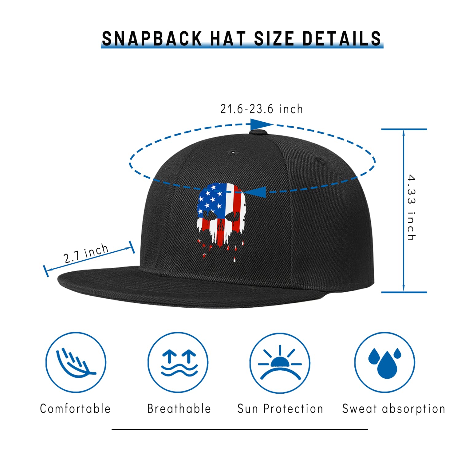 USA America Flag Horror Skull Hat Fashion Reaper Grim Snapback Hats for Men Flat Bill Brim Snap Backpack Trucker Hats Adjustable Men's Horror Baseball Caps