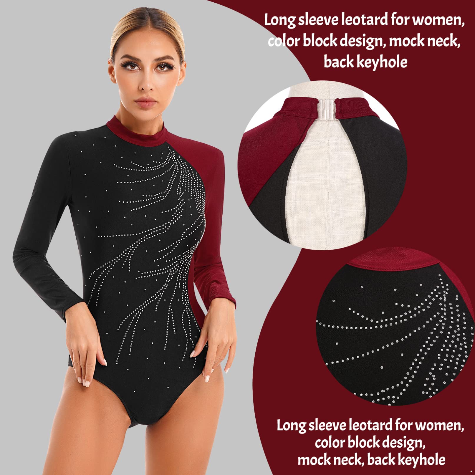 TiaoBug Women's Shiny Rhinestone Figure Skating Leotard Long Sleeves Ballet Dance Gymnastics Leotard Performance Dancewear Burgundy X-Large