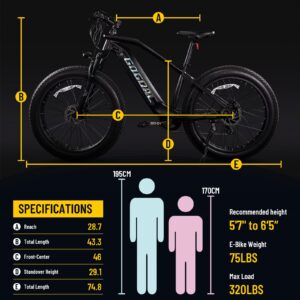 Electric Bike for Adults 750w 48v 15ah Removable Larger Battery 26'' Fat Tire Electric Mountain Bikes Snow Beach E Bike /Shimano 7-Speed E Bike/ 45-60Miles Motorized Bicycle and UL Certified Black