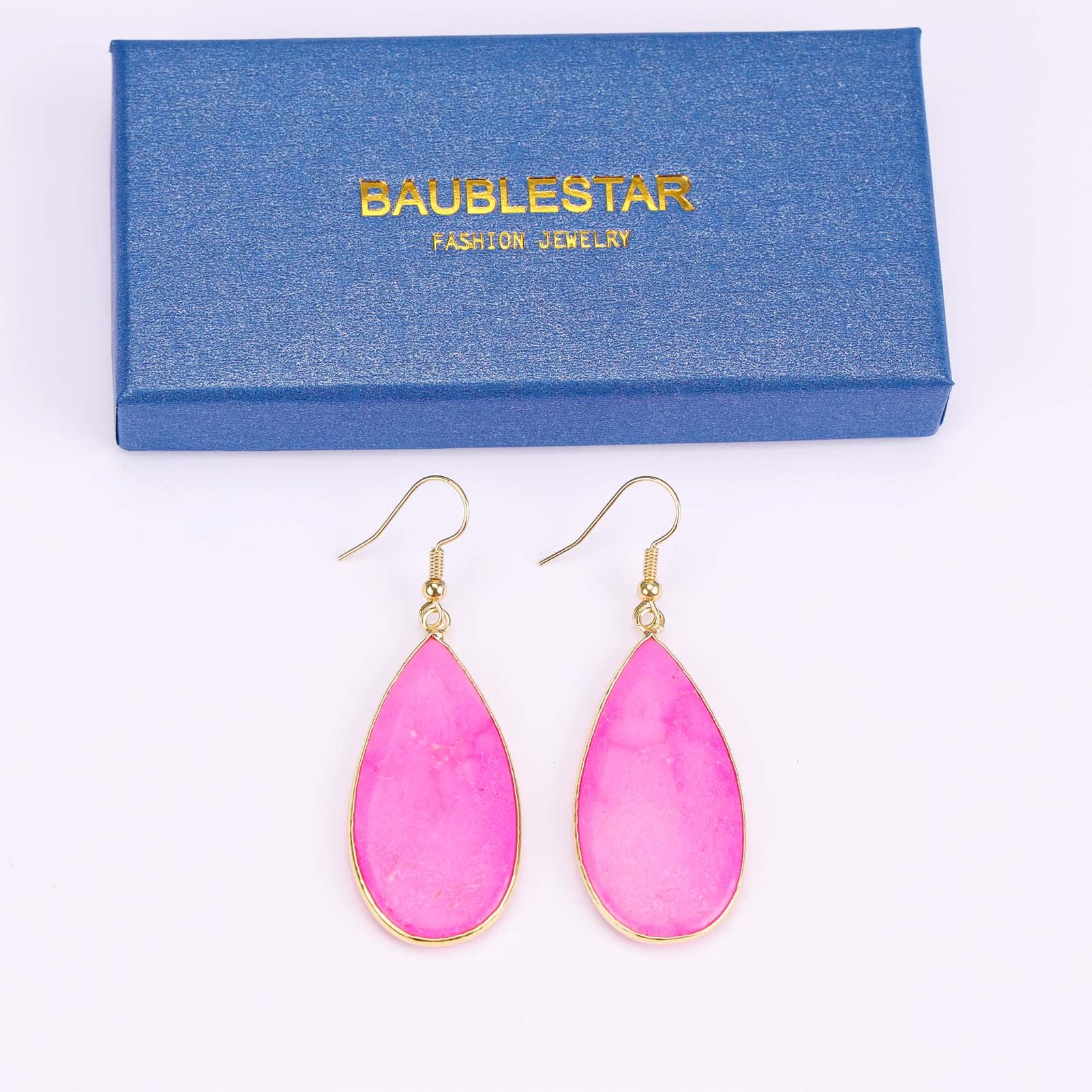 BaubleStar Natural Crystal Healing Birth Stone Statement Drop Earrings Hot Pink Teardrop Quartz Dangle Gold Fashion Jewelry for Women