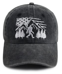 xucamty bigfoot gifts for men women, funny american flag forest mountain big foot baseball cap, adjustable cotton embroidered sasquatch hat, birthday gifts for sasquatch lovers outdoor camping hunting