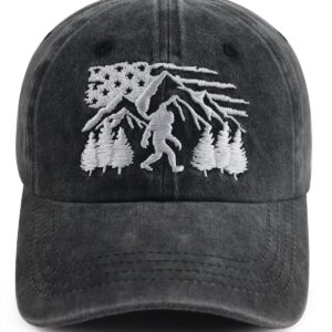 Xucamty Bigfoot Gifts for Men Women, Funny American Flag Forest Mountain Big Foot Baseball Cap, Adjustable Cotton Embroidered Sasquatch Hat, Birthday Gifts for Sasquatch Lovers Outdoor Camping Hunting