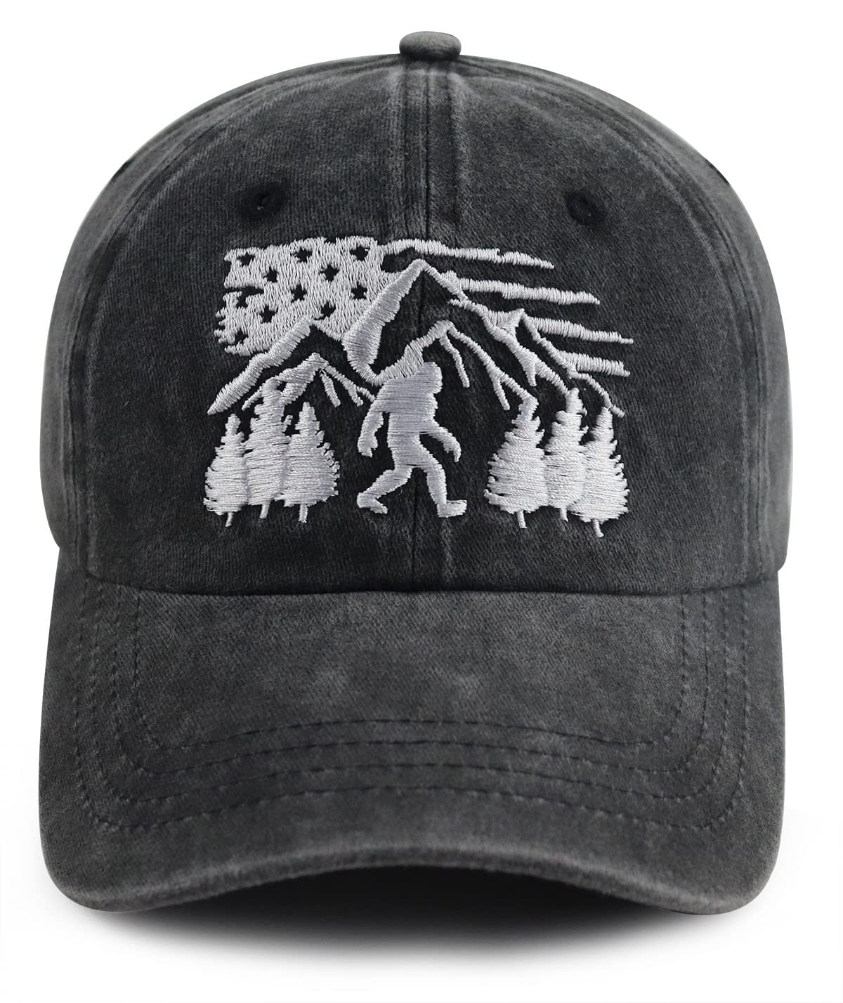 Xucamty Bigfoot Gifts for Men Women, Funny American Flag Forest Mountain Big Foot Baseball Cap, Adjustable Cotton Embroidered Sasquatch Hat, Birthday Gifts for Sasquatch Lovers Outdoor Camping Hunting