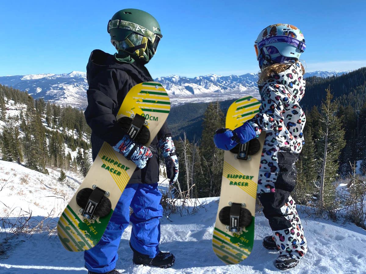 Slippery Racer Kids Hardwood Snowboard with Velcro Binding in Various Sizes (90 CM-Yellow/Green)