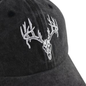 Deer Hunting Accessories Hats for Men Women, Funny Embroidered Halloween Deer Skull Head Antler Baseball Cap, Adjustable Washed Elk Reindeer Decor Hat, Gifts for Friends Wild Animal Lover Hunter