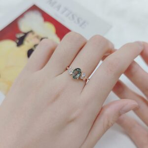 Gem's Beauty Birthday Gifts for Her 1.18CT Oval Cut Moss Agate There Stone Engagement Ring in 925 Sterling Silver Women's Gold Ring(Size10)