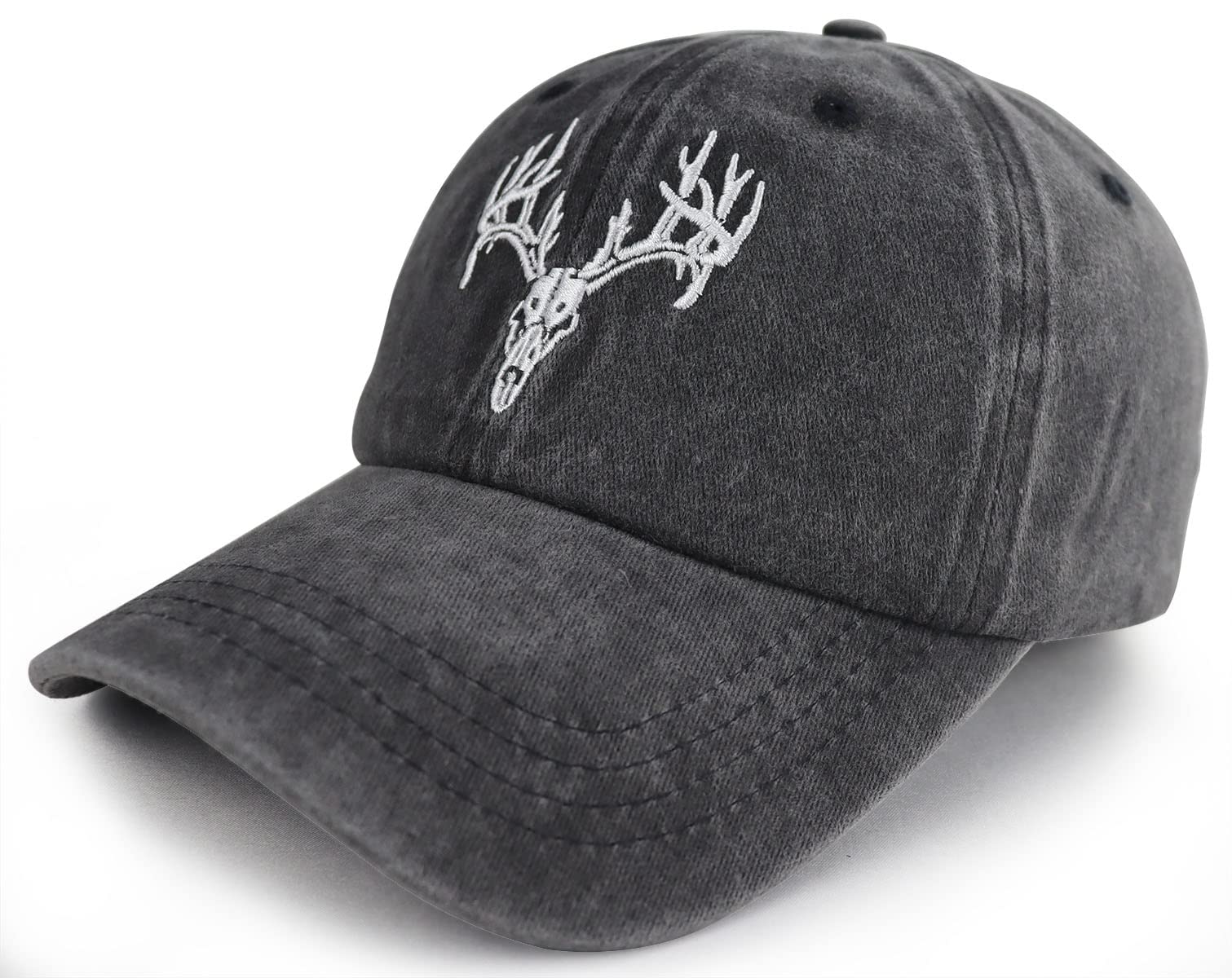 Deer Hunting Accessories Hats for Men Women, Funny Embroidered Halloween Deer Skull Head Antler Baseball Cap, Adjustable Washed Elk Reindeer Decor Hat, Gifts for Friends Wild Animal Lover Hunter