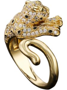 aikaituo 14k animal leopard head diamond fashion cute adjustable women ring size 6 to 9