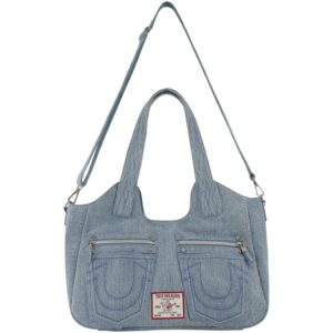 true religion women's satchel bag, crossbody purse handbag with horseshoe logo stitching, denim