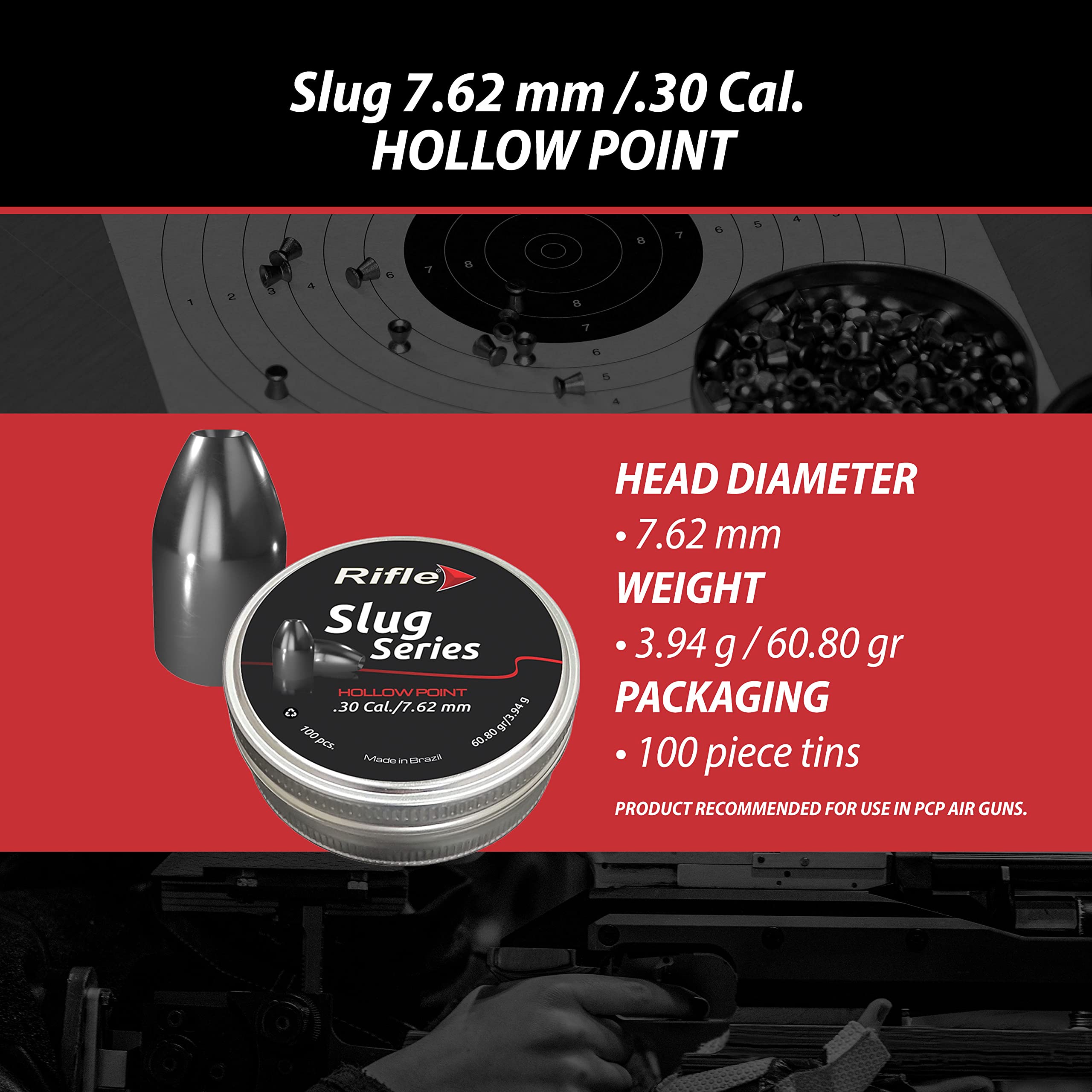 Rifle Hollow Point Slug Air Gun Pellets | .30 Caliber | 7.62 mm | 60.8 gr | Slug Designed for Target Shooting and Hunting | 100 Count