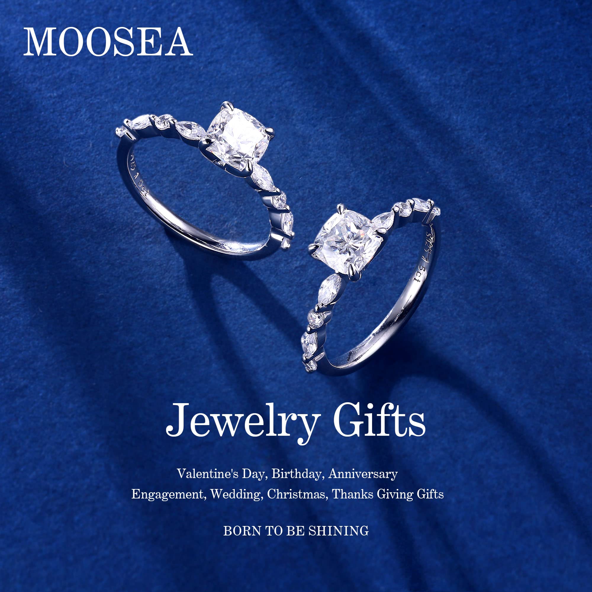 MOOSEA Cushion Moissanite Solitaire Ring for Women, 1.5ct D Color VVS1 Clarity Lab Created Diamond Rings 14K White Gold Vermeil Moissanite Anniversary Rings for Women Promise Rings for Her Gifts