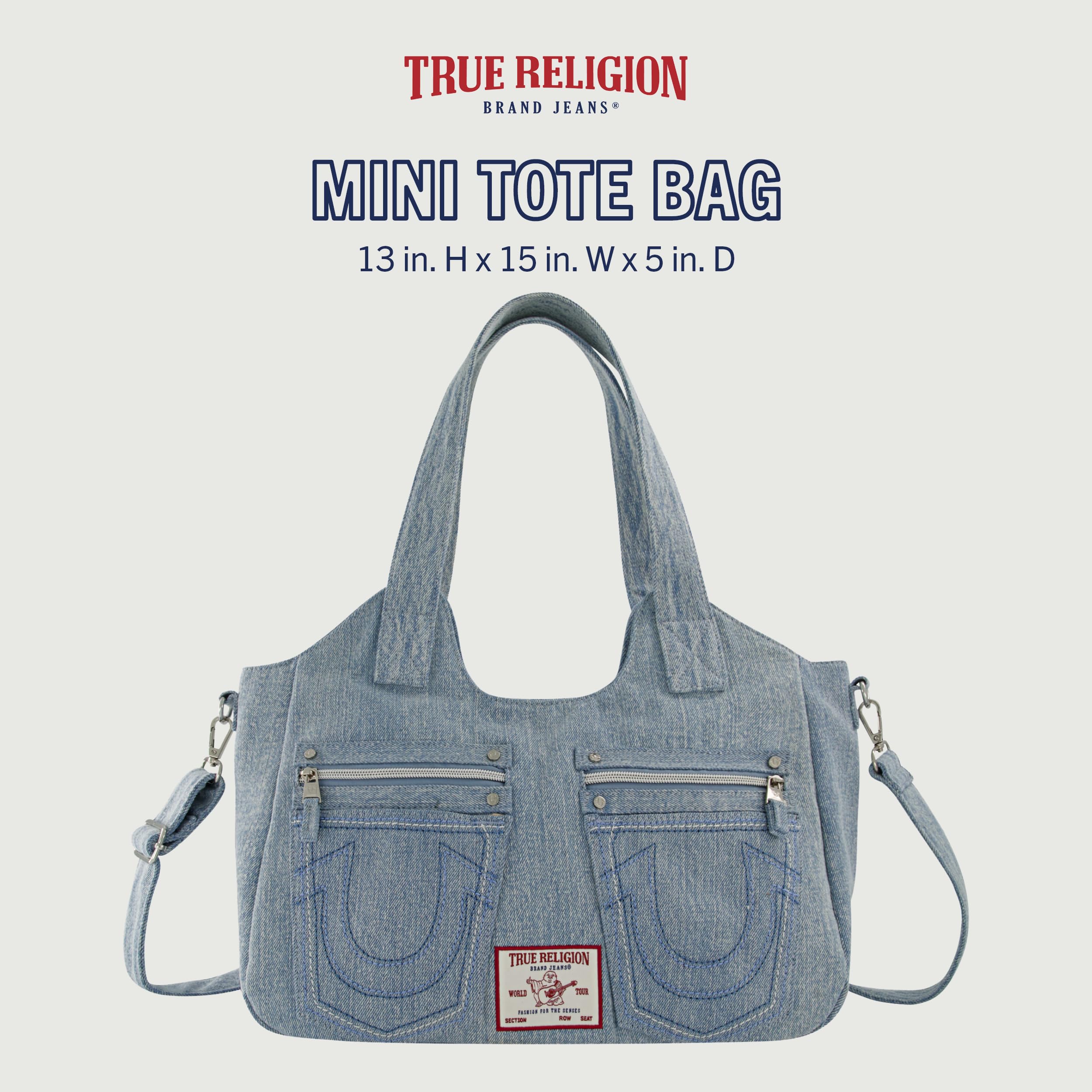 True Religion Women's Satchel Bag, Crossbody Purse Handbag with Horseshoe Logo Stitching, Denim