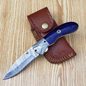 CLOUD KILT Handmade Pocket Folding Knife With Leather Sheath Premium Quality Best Hunting Gear Pocket Knives Gifts For Men (Blue Horn Bone)