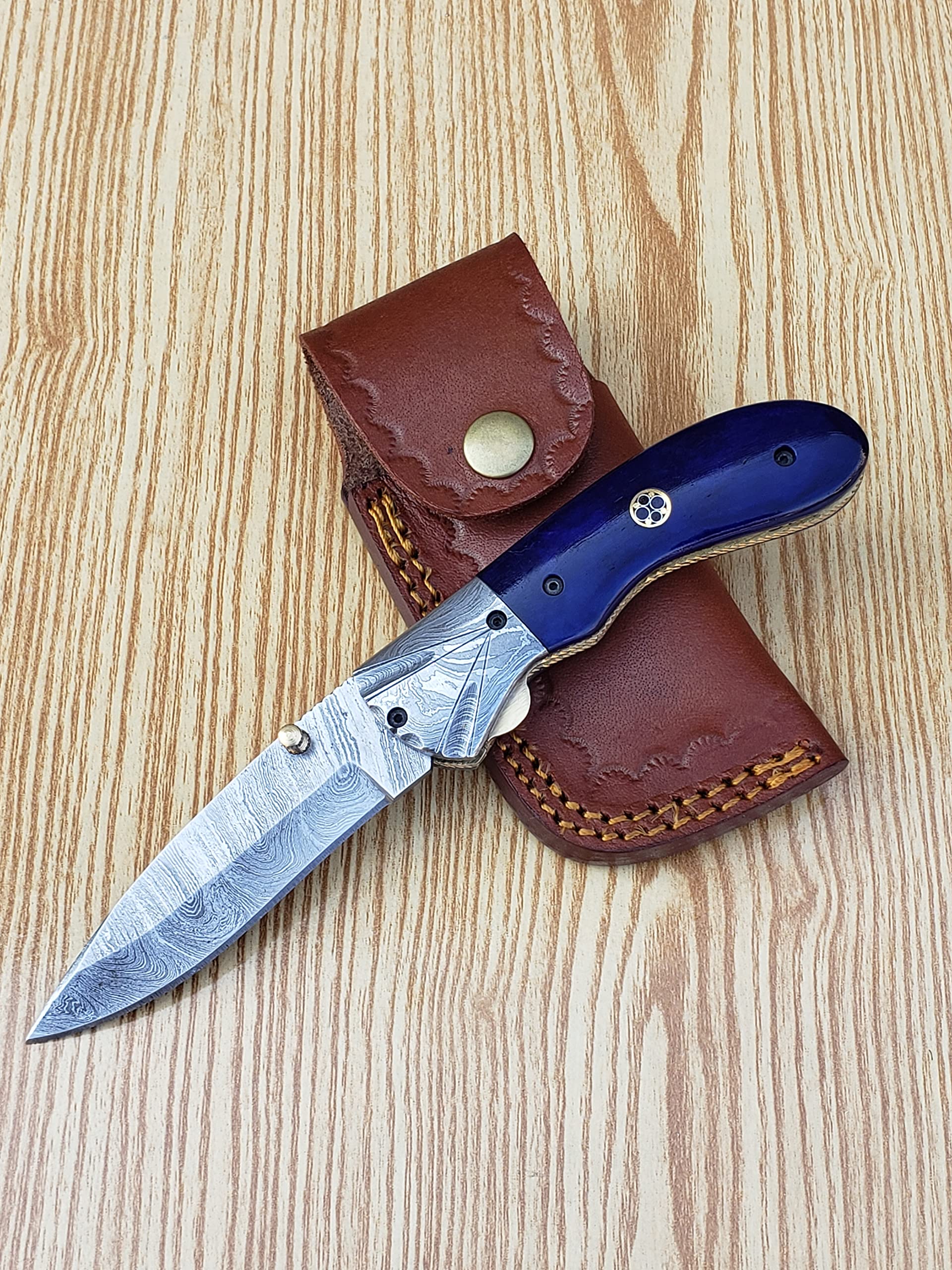 CLOUD KILT Handmade Pocket Folding Knife With Leather Sheath Premium Quality Best Hunting Gear Pocket Knives Gifts For Men (Blue Horn Bone)