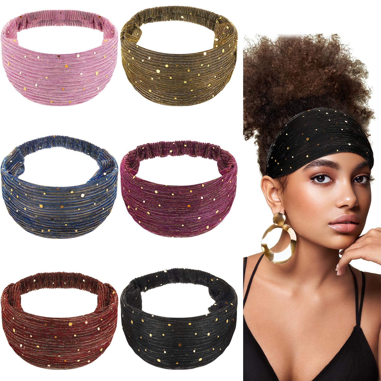 6 Pcs Boho Bling Sequin Headbands - Wide Stretchy African Head Wraps, Elastic Turban Headbands for Women, Yoga, Running & Sports