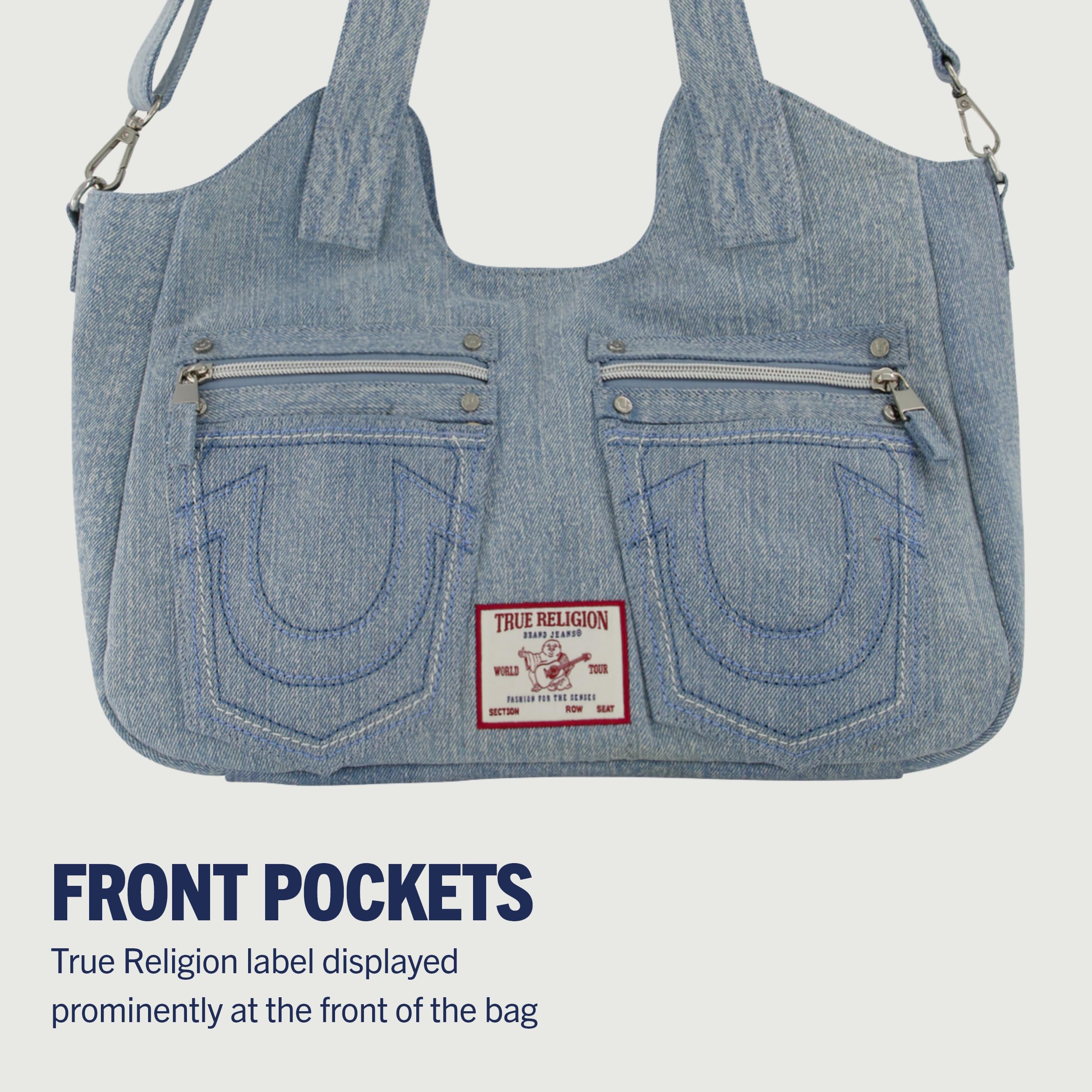 True Religion Women's Satchel Bag, Crossbody Purse Handbag with Horseshoe Logo Stitching, Denim