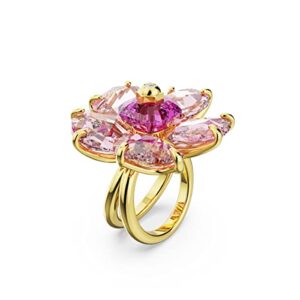 SWAROVSKI Idyllia Cocktail Ring, Flower Motif with Pink Crystals on a Gold-Tone Finished Double Band, Size 8, Part of the Idyllia Collection