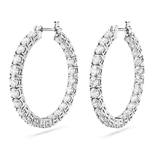 Swarovski Matrix Hoop Earrings with Round White Crystals on Rhodium Finished Settings, Part of the Swarovski Matrix Collection