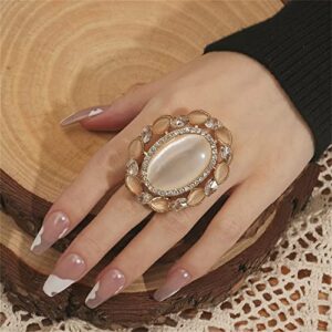 Dtja Vintage CZ Opal Statement Wedding Ring for Women Gold Plated Big Crystal Cat's Eye Flower Adjustable Open Band Wrap Christmas Birthday Cocktail Party Ring Comfort Fit Exaggerated Jewelry