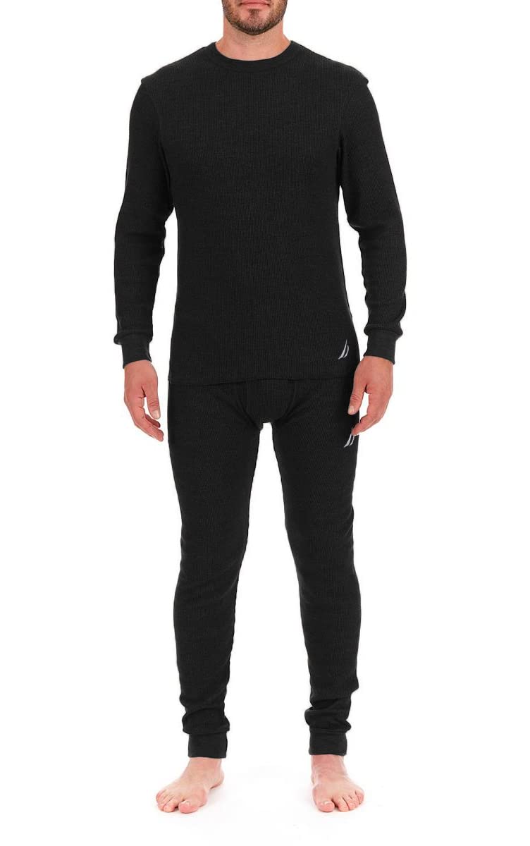 Nautica Men's Long Sleeve Base Layer Set Crewneck Waffle Thermal Underwear Top and Bottom Set (Black, X-Large)