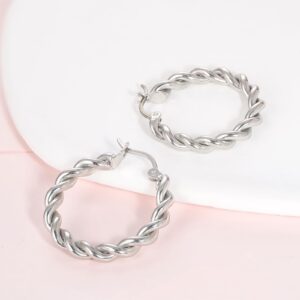 Limerencia hypoallergenic Pure Titanium Twisted Rope Round Hoop Earrings for women (24mm Twisted Rope Hoop, Silver)