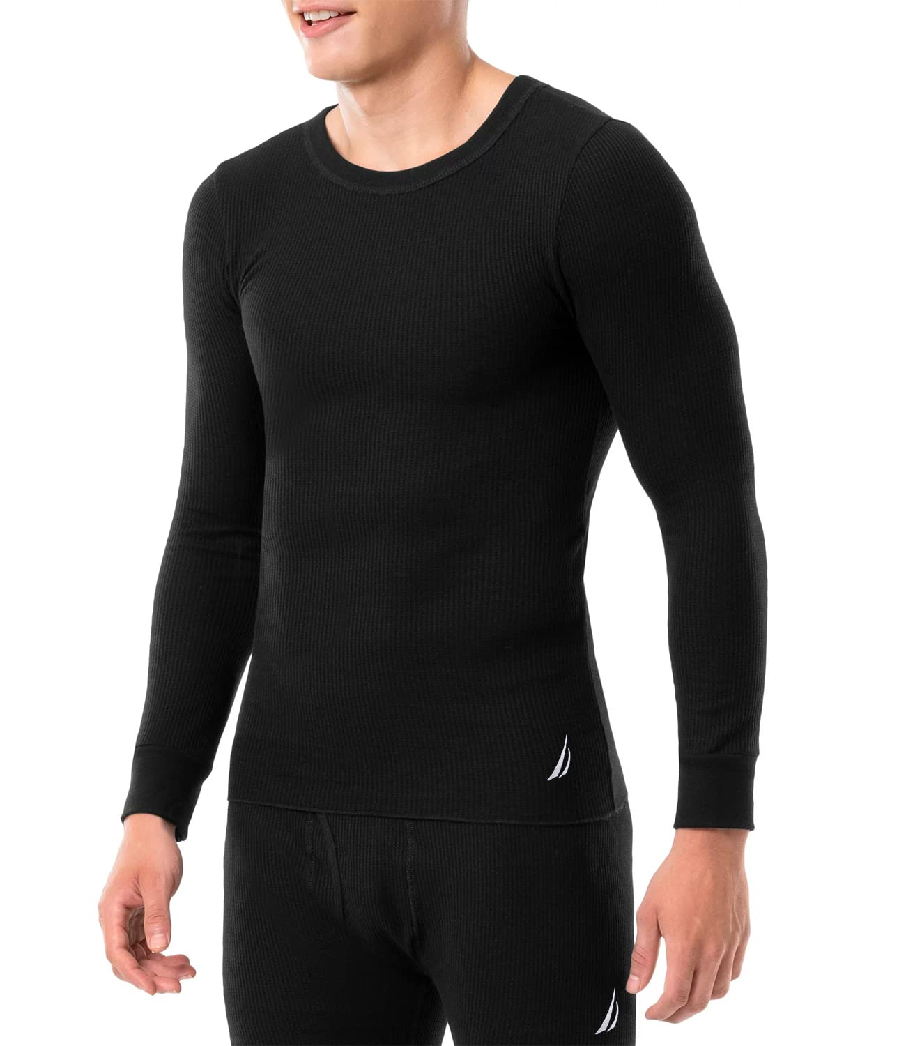 Nautica Men's Long Sleeve Base Layer Set Crewneck Waffle Thermal Underwear Top and Bottom Set (Black, X-Large)