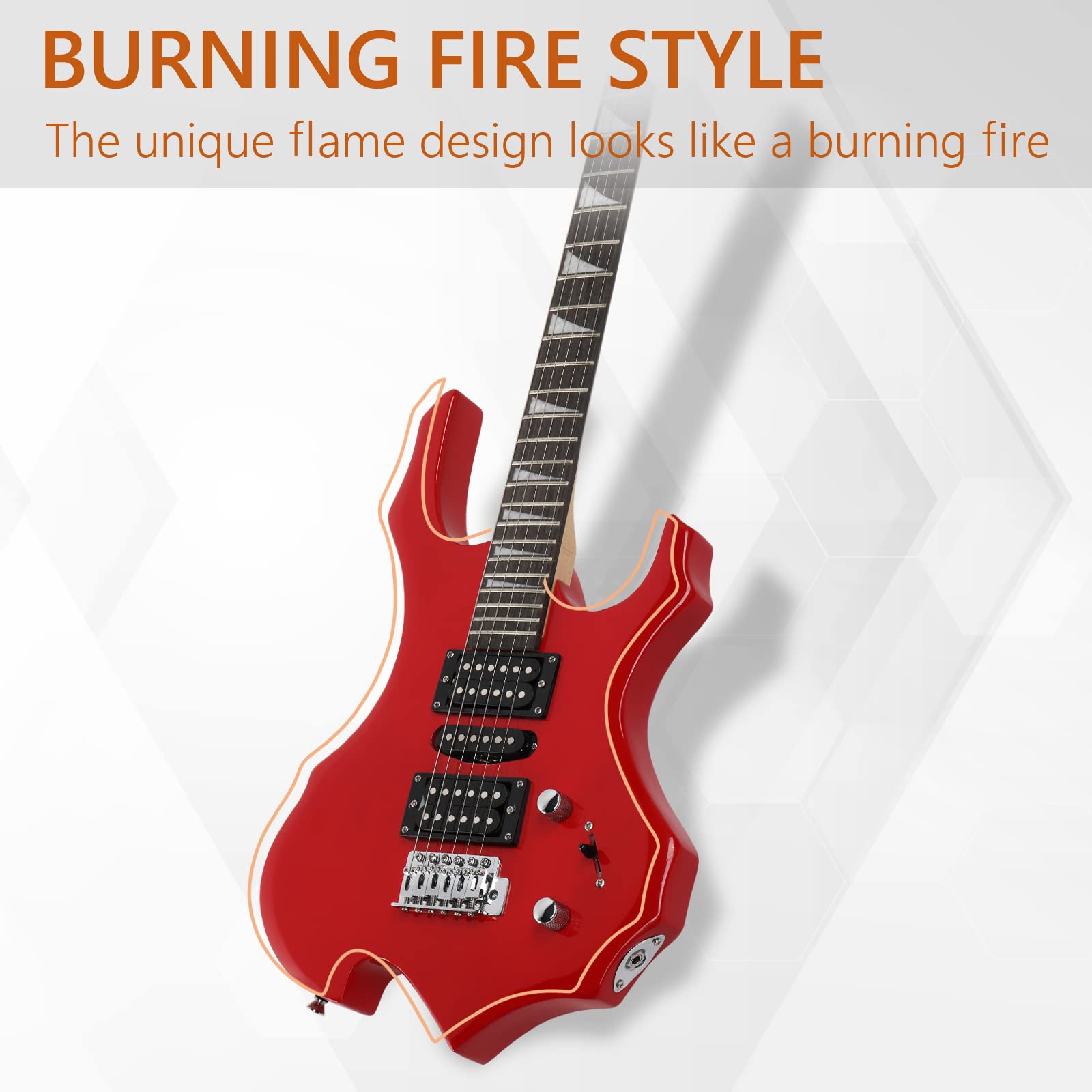 Ktaxon Burning Fire Design Electric Guitar Kit, 36-inch HSH Pickup Electric Guitar Beginner Guitar Set with Amplifier, Rosewood Fingerboard, 5-Ways Pickup Switch (Red)