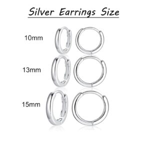 3 Pairs Sterling Silver Earrings Sets for Multiple Piercing Small White Gold Plated Huggie Hoop Earrings for Women Trendy Cartilage Hypoallergenic(10 13 15MM)