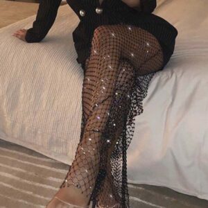 Lorealri Mesh Fishnet Pants Black Rhinestone Leggings Sparkly Crystal Cover Up Hollow Out See Through Bottoms Bikini,47.2in/120cm