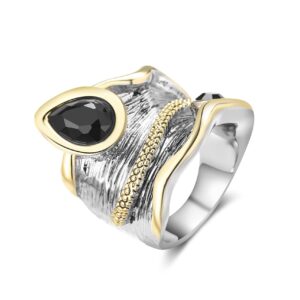 mytys black onyx stone rings for women marcasite vintage cocktail statement rings silver chunky crystal antique retro for victorians jewelry gift (link i, 9)