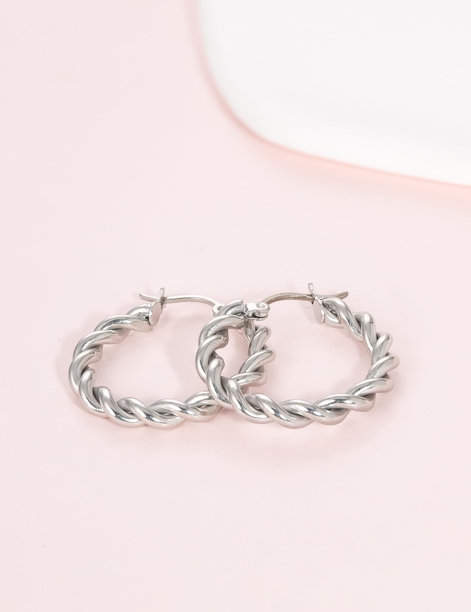 Limerencia hypoallergenic Pure Titanium Twisted Rope Round Hoop Earrings for women (24mm Twisted Rope Hoop, Silver)